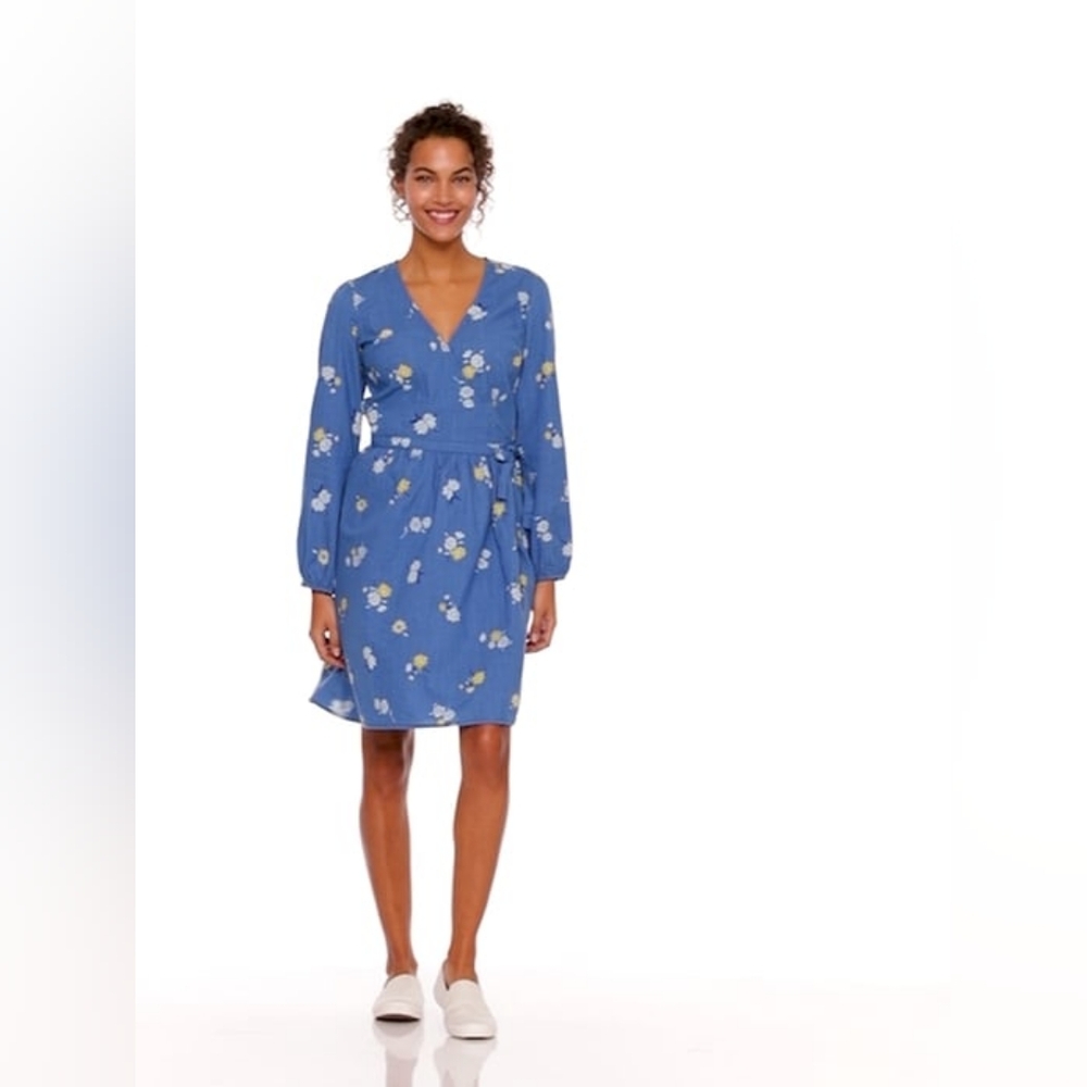 Old Navy Women Sz M Blue Floral Boho Long Sleeve Cotton Waist Defined Wrap Dress